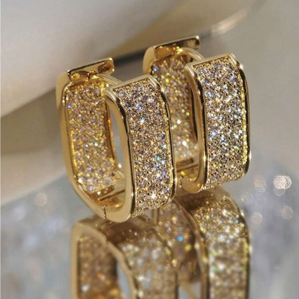 BRAND NEW Minimalist Geometric Gold Plated Hoop Huggie Earrings with Rhinestones